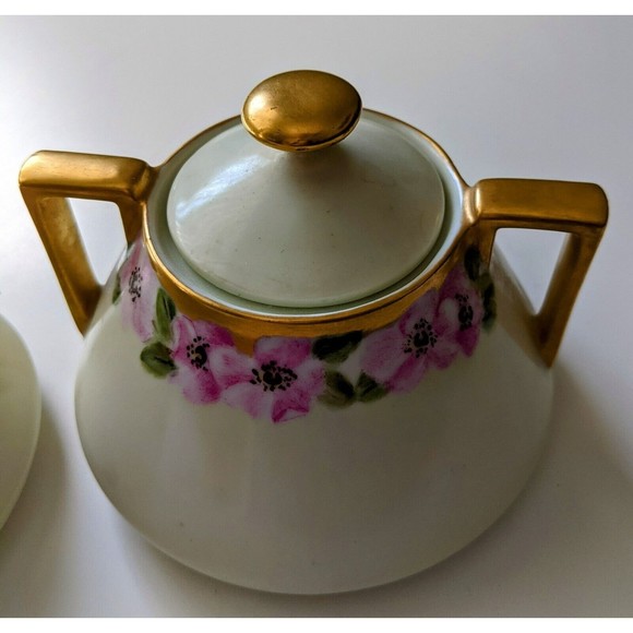BAVARIA HAND PAINTED ROSE FLORAL & GOLD ART DECO CREAMER & SUGAR - Picture 4 of 7